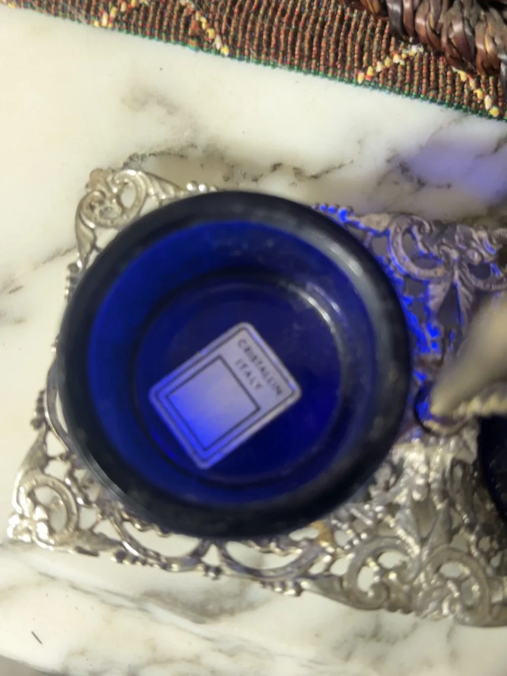 Source Unknown Cobalt Blue Glass Double Salt Cellars with Silver-Tone Tray